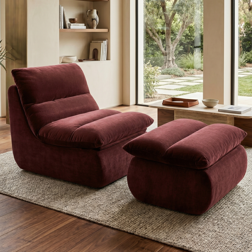 Fauteuil Marley avec Repose-pieds Chenille Rouge Bordeaux