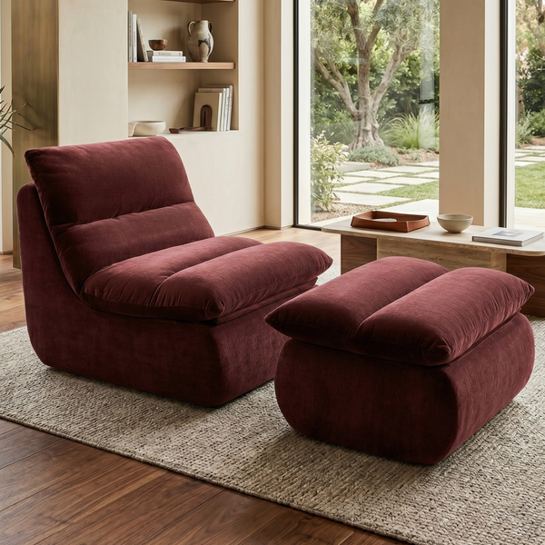 Armchair Marley With Hocker Chenille Burgundy Red