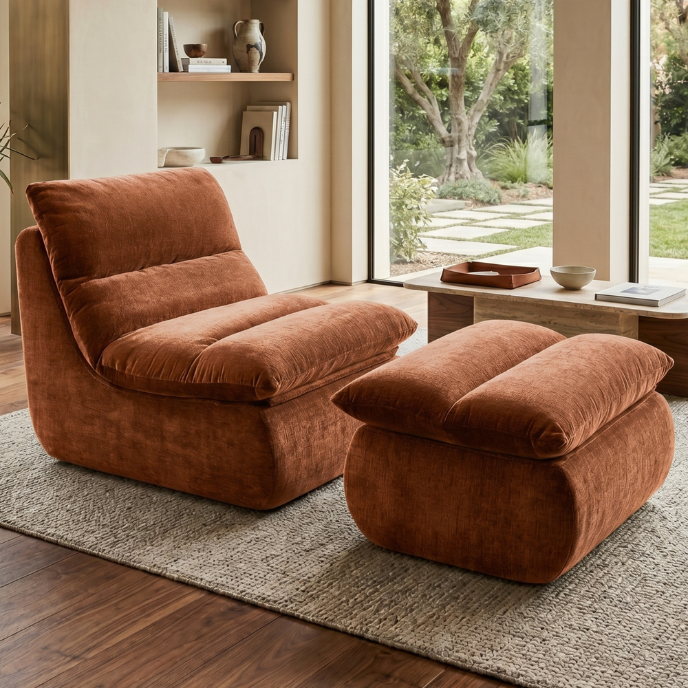 Fauteuil Marley avec Repose-pieds Chenille Cuivre