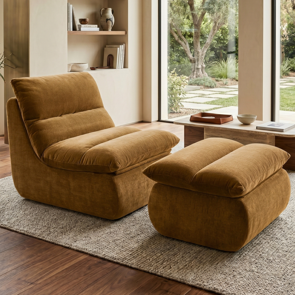 Fauteuil Marley avec Repose-pieds Chenille Jaune Ocre