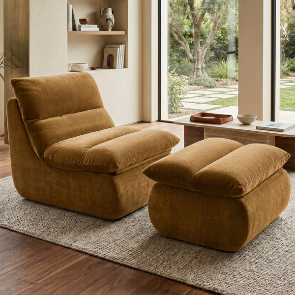 Armchair Marley With Hocker Chenille Ochre Yellow