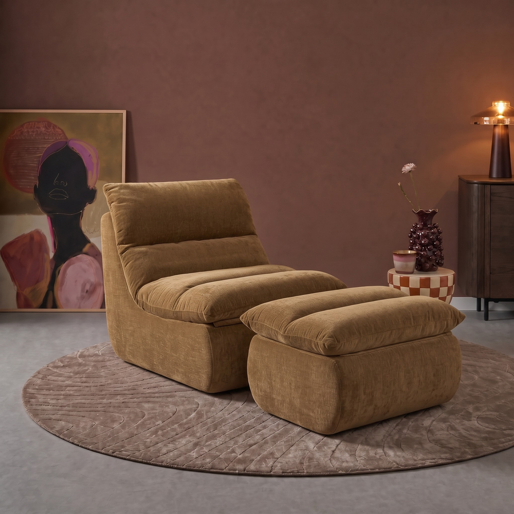 Fauteuil Marley met Hocker Chenille Okergeel