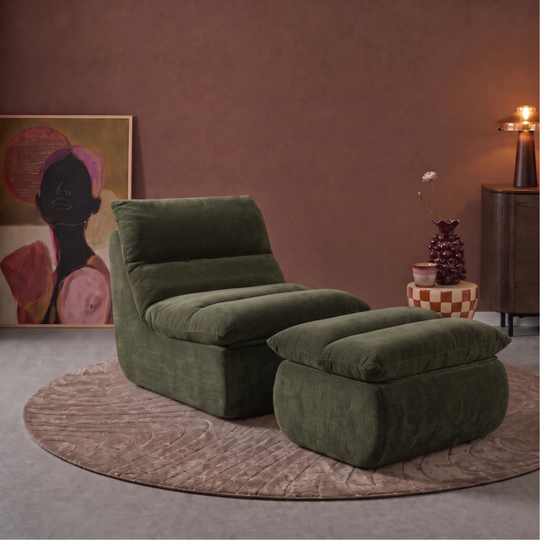 Fauteuil Marley met Hocker Chenille Saliegroen