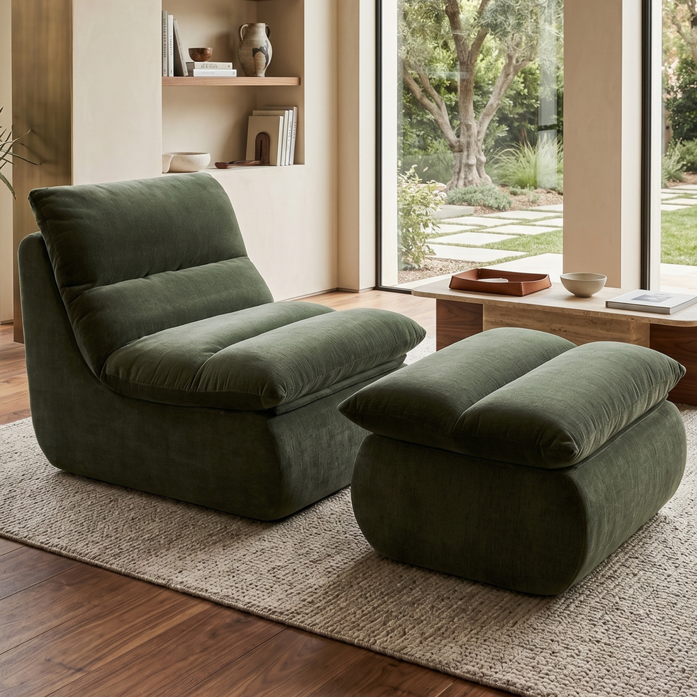 Fauteuil Marley avec Repose-pieds Chenille Vert Sauge