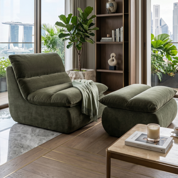 Armchair Marley With Hocker Chenille Sage Green