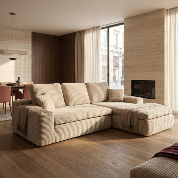 Lazy Hoekbank Velvet Ribstof Beige rechts
