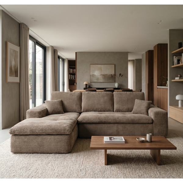 Ecksofa Lazy Samt Cordstoff Taupe Links