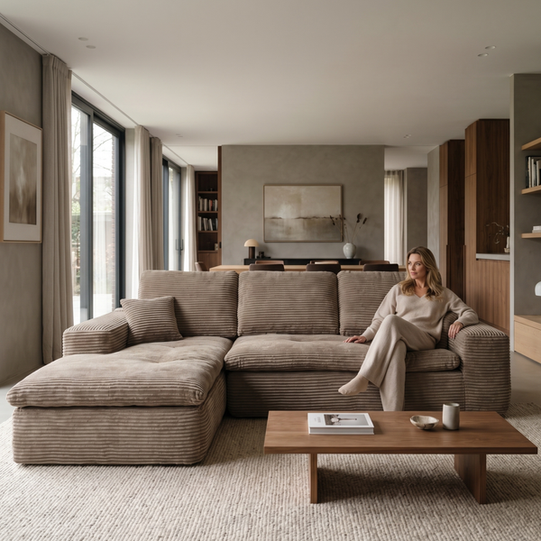 Ecksofa Lazy Samt Cordstoff Taupe Links