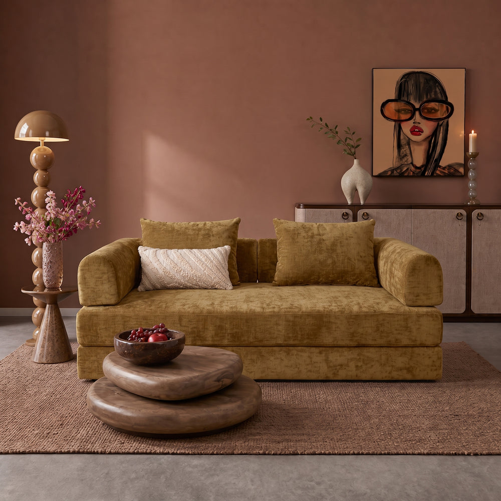 Sleeping Sofa Joy 2 Persons Chenille Ochre Yellow